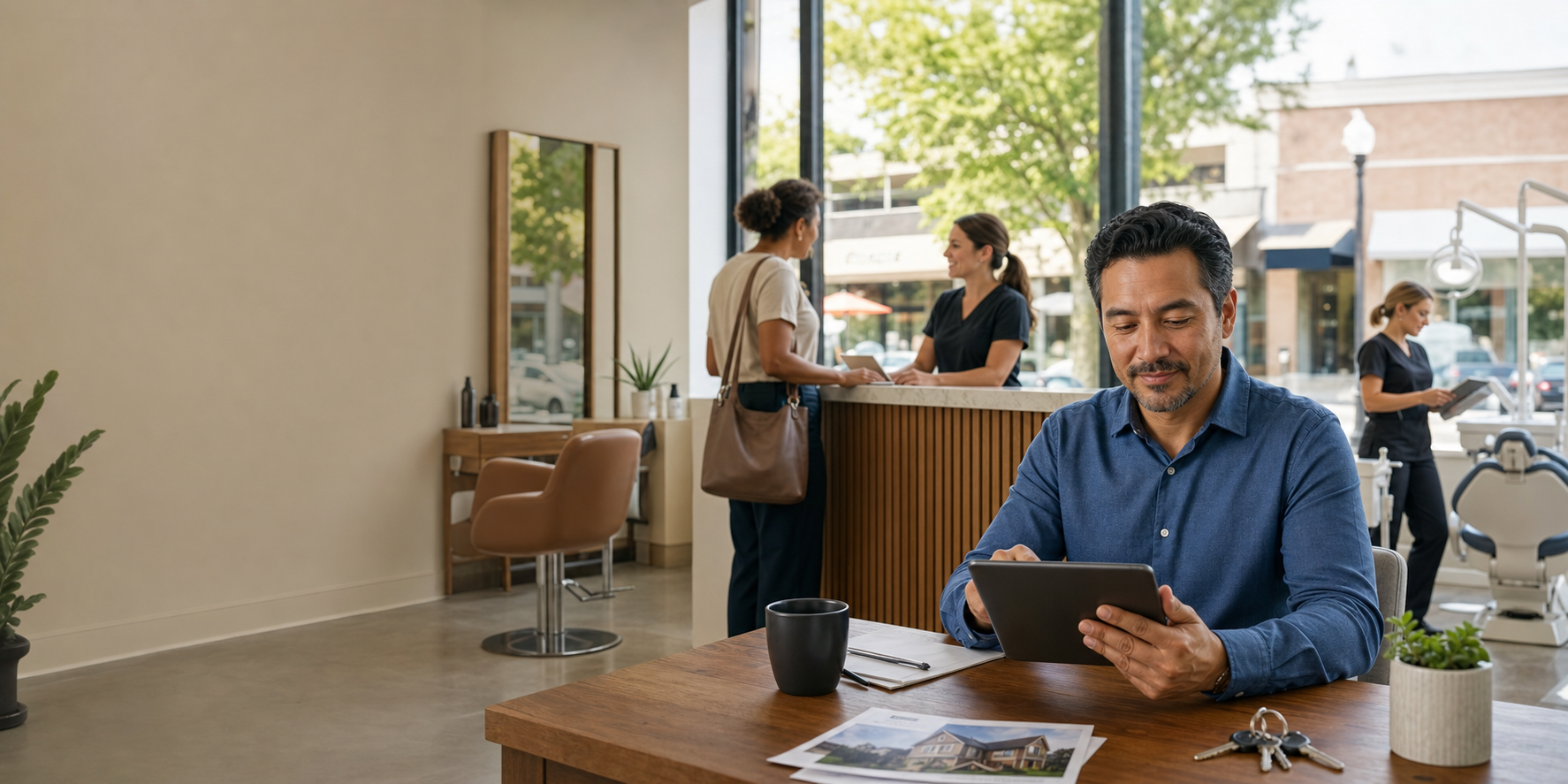 Local business owners reviewing a simple dashboard in a modern neighborhood office